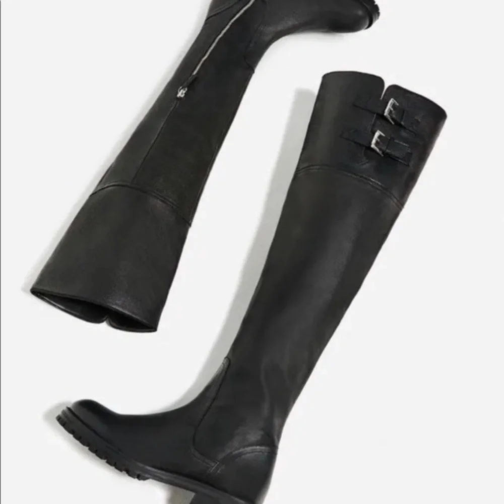 ZARA Leather 2 Buckle Over The Knee Lug Sole Tall Boots - Picture 2 of 13